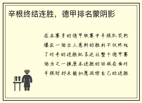 辛根终结连胜，德甲排名蒙阴影